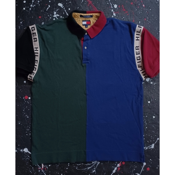 Vintage Tommy Hilfiger men's spell-out colorblock signature polo shirt , size XL